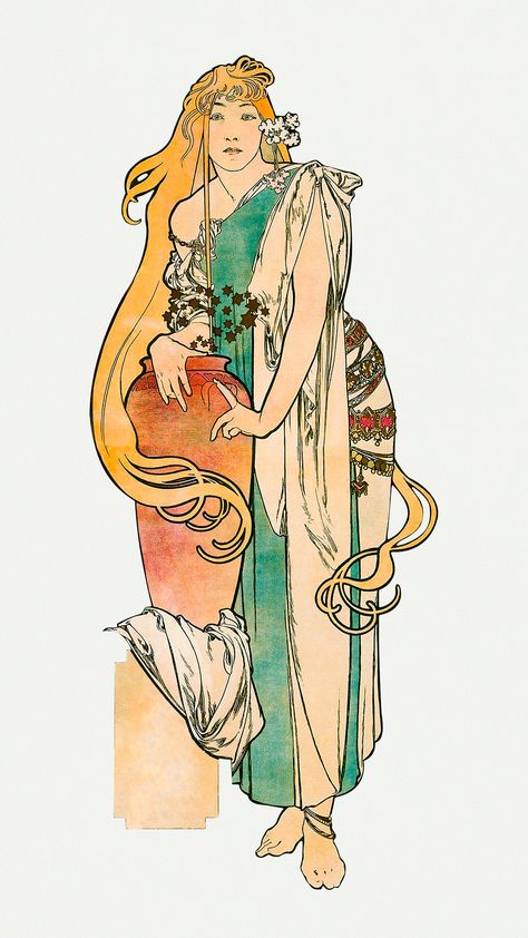 Art nouveau woman with jar, remixed from the artworks of Alphonse Maria Mucha | premium image by rawpixel.com / nap Alphonse Mucha Sketch, Jar Illustration, Art Nouveau Woman, Alfons Maria Mucha, Portfolio Reference, Alphonse Mucha Art, Painting Women, Nouveau Illustration, Mucha Art