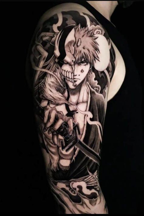 Anime Arm Tattoo Sleeve, Bleach Ichigo Tattoo Ideas, Japanese Tradional Tattoo, Bleach Sleeve Tattoo, Bleach Tatoos Ideas, Ichigo Tattoo Design, Ichigo Mask Tattoo, Best Anime Tattoos For Men, Anime Tattoos For Men Sleeve