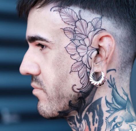 Men Head Tattoo Side, Cheek Tattoo Men, Small Cheek Tattoo, Facial Tattoos Men, Face Tattoo Above Eyebrow, Neck And Arm Tattoo, Cheekbone Tattoo, Male Face Tattoo, Side Of Head Tattoo Men