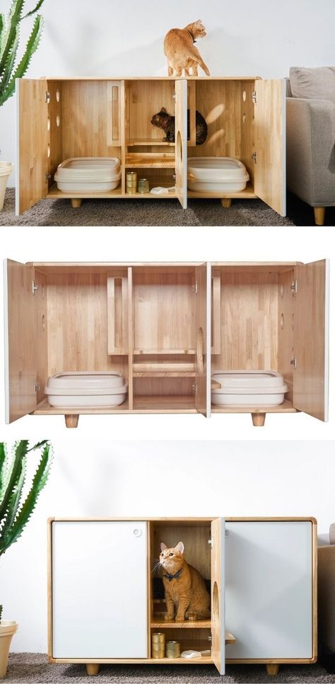 Catbox Cabinet Ideas, 2 Litter Box Enclosure, Cat Cabinet Litter, Indoor Litter Box Ideas, Cat Furniture For Small Spaces, Kitty Litter Cabinet, Double Cat Litter Box Ideas, Cat Toilet Furniture, Multiple Cat Litter Box Ideas Hidden