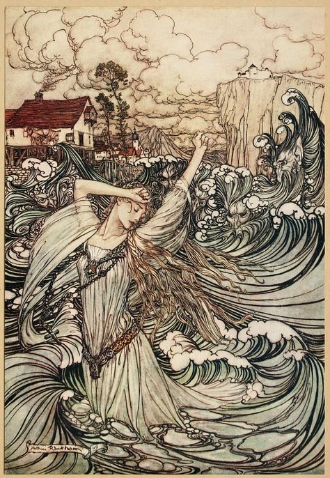 Arthur Rackham (English, 1867-1939) leading 'Golden Age' illustrator. “Undine” (novella) by Friedrich de la Motte FouquéI - Undine, a water spirit, marries a knight in order to gain a soul. Contains some themes similar to “The Little Mermaid” by Hans Christian Andersen. Read online: archive.org/stream/undine00lamo#page/n7/mode/2up Rackham Illustrations, Tomer Hanuka, Otto Schmidt, 동화 삽화, Fairy Tale Illustration, Mike Mignola, Water Spirit, Arthur Rackham, Fairytale Illustration