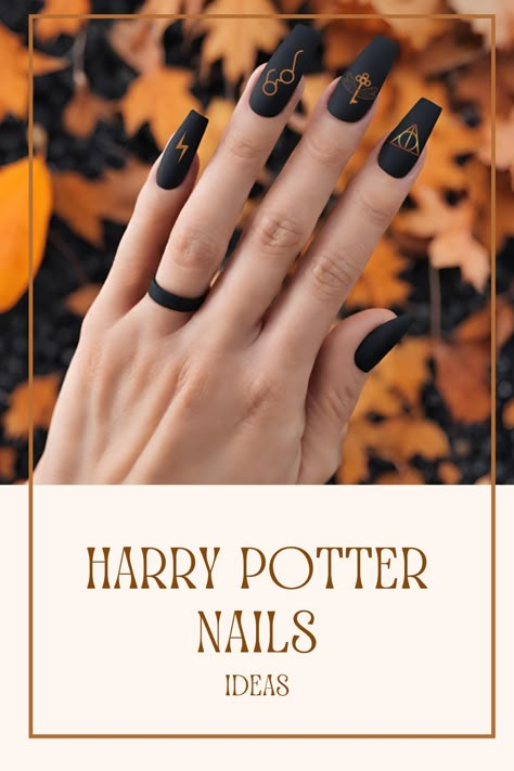 Harry Potter Nails idea. Fall nails, Autumn Nails, Spooky Nails, Black Nails, Black Mat Nails. Orange Nails. Great for Halloween nails ideas. Magical Nails inspired by Harry Potter aesthetic. Great for Harry Potter costume. October trendy nails 2023. Coffin nails. Follow for more inspirations! Autumn Black Nails, Black Magic Nails, Harry Potter Gryffindor Nails, Harry Potter Nails Designs Hufflepuff, Harry Potter Halloween Nails, Deathly Hallows Nails, Harry Potter Christmas Nails, Harry Potter Nails Acrylic, Spooky Nails Black