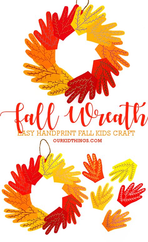 Handprint Fall Leaf Wreath Craft Handprint Leaf Wreath, Fall Handprint Wreath, Fall Leaf Wreath Crafts For Kids, Autumn Handprint Crafts, Hand Wreath Craft Kids, Fall Wreath Craft, Crafts For Kids Autumn, Handprint Wreath, Easy Fall Crafts For Kids