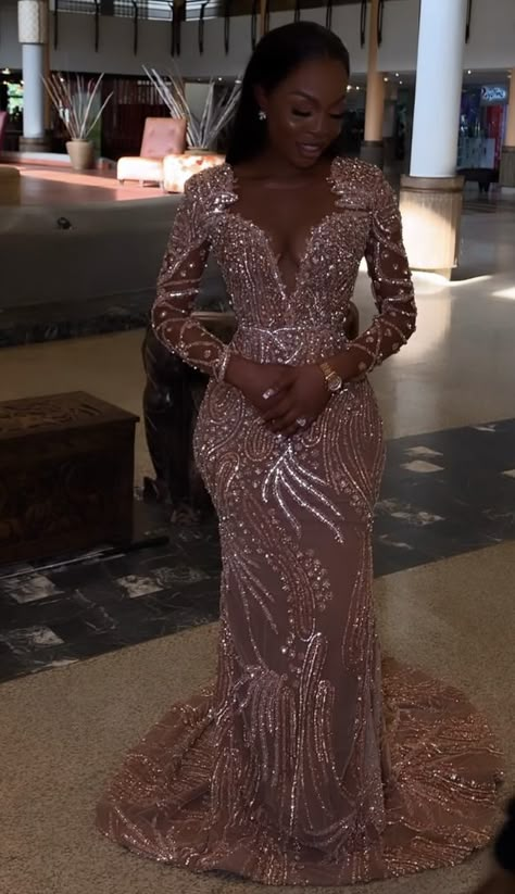 Rose Gold Wedding Dress Black Women, Rose Gold Nigerian Lace Dress, Rose Gold Reception Dress, Rose Gold Mermaid Wedding Dress, Wedding Dress With Rose Gold Accents, Rose Gold Lace Asoebi Styles, Rose Gold Dresses Prom, African Reception Dress, Nigerian Prom Dress Gold