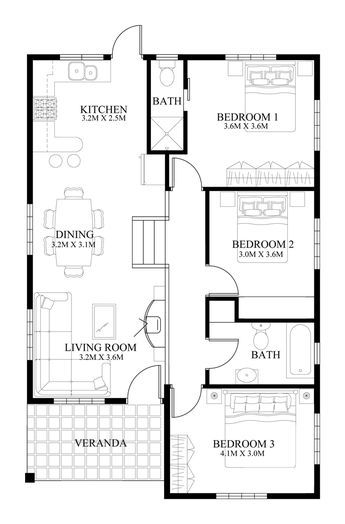 Small House Design Floor Plan, Bungalow Floor Plans, Small House Layout, House Plans 3 Bedroom, House Plans One Story, House Floor Design, Small House Floor Plans, Building Plans House, Building House Plans Designs