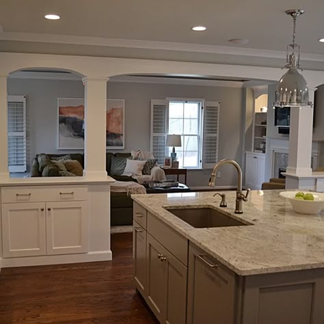 Kitchen Islands With Columns - Photos & Ideas | Houzz Kitchen With Column In The Middle, Kitchen Islands With Columns, Kitchens With Structural Posts, Posts In Kitchen Island, Kitchen With Pillars Columns, Kitchen Island With Posts Columns, Kitchen Island With Wood Columns, Kitchen Island With Weight Bearing Post, Kitchen Island With Structural Post