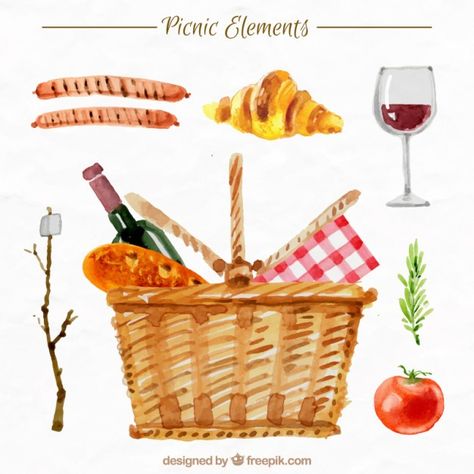 Watercolor Picnic, Picnic Date Food, Basket Drawing, Picnic Quilt, Table Cloth Decorations, Picnic Inspiration, Food Wall Art, Cottagecore Art, Food Clipart