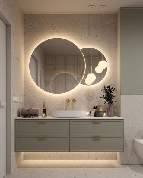 37 Bright and Organized Bathroom Decoration Ideas - gramydeco Monochromatic Bathroom, Decorative Bathroom Mirrors, Bathroom Recessed Lighting, Organized Bathroom, Modern Bathroom Mirrors, Led Mirrors, Bathroom Vanity Designs, Small Bathroom Organization, Double Mirror