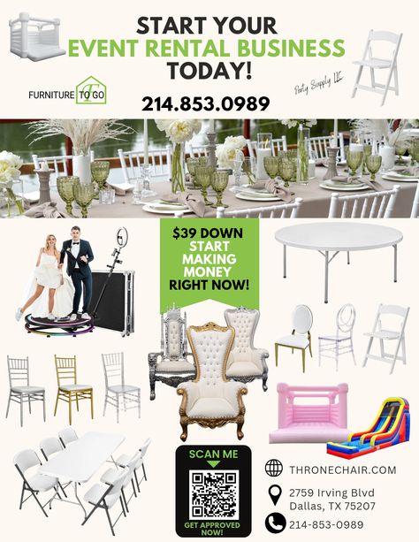 Furniture To Go - START YOUR EVENT RENTAL BUSINESS TODAY... Business Event Table Decor, Organizing Event Supplies, How To Start Event Decorating Business, How To Start A Decorating Business, Event Decor Rental Business, Equipment Rental Business, Wedding Rental Business Ideas, Event Decorator Business, Cart Business Ideas