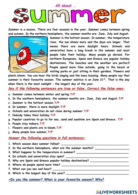 Reading Comprehension Grade 4 Worksheets, Summer Reading Worksheets, Reading And Comprehension Worksheets, Reading Comprehension Grade 5, Grade 4 Reading Comprehension Worksheets, Grade 5 Reading Comprehension Worksheets, About Summer, Summer Worksheets For Kids, Reading Comprehension Worksheets 5th