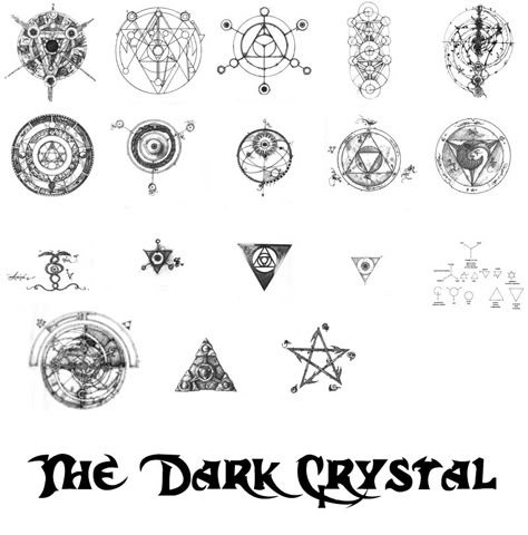 set of 23 brushes. compatible with CS3+, image pack included for everyone else. random pretty symbols I scanned out of the "World of the Dark Crystal" book by Froud. each image is also labeled for ... Pretty Symbols, Dark Crystal Tattoo, Crystal Symbols, Crystal Book, Crystal Tattoo, Crystal Wedding Dress, Magic Symbols, Dark Crystal, Symbols And Meanings