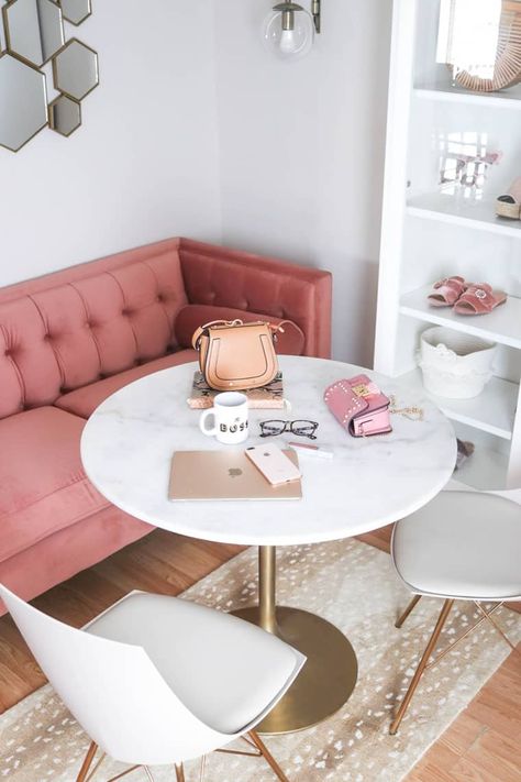 When you don't have space for a full desk or table, try out a bistro table instead. These small tables are ideal for studios, small spaces or awkward shaped rooms. Pink And Gold Office, Blogger Office, Pink Velvet Sofa, Glam Office, Pink Couch, Office Tour, Gold Office, Casa Vintage, Home Office Ideas