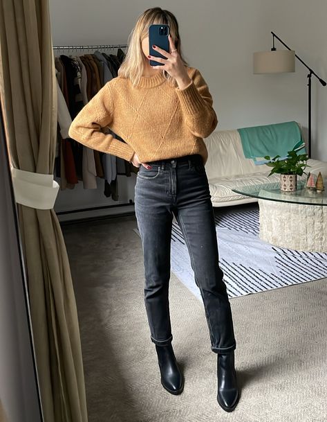 Black Western Ankle Boots Outfit, Women Date Night Outfit Winter, Cropped Jeans With Boots Winter, Dark Brown Ankle Boots Outfit, Fitted Straight Leg Winter Jeans, Fall Workwear Cropped Sweater, Crew Neck, Fall Fitted Cropped Jeans, Mid-rise Washed Blue Cropped Jeans For Fall, Joanna Gaines Fashion