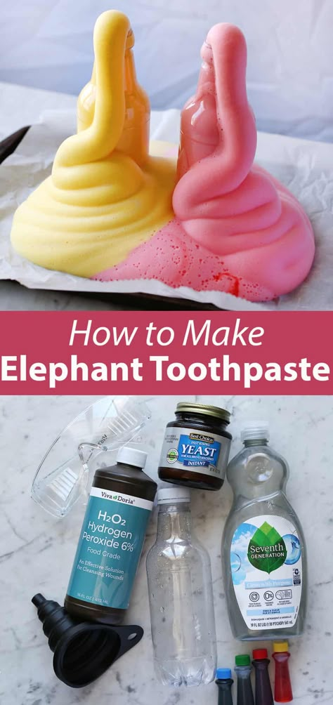 Elephant Toothpaste - Childhood Magic Bath Science Experiments, Easy Kid Science Experiments, Prek Science Activities, Health Crafts For Preschool, Messy Science Experiments, Preschool Science Activities Easy, Prek Science Experiments, Preschool Elephant Crafts, Elephant Toothpaste Video