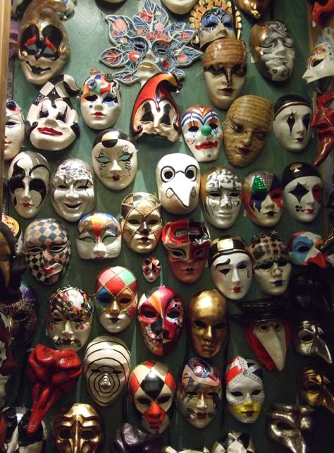 Wall Of Masks, Clown Masks, Comic Christmas, Jester Mask, Circus Aesthetic, Dark Circus, Arte Indie, Clown Mask, Carnival Mask