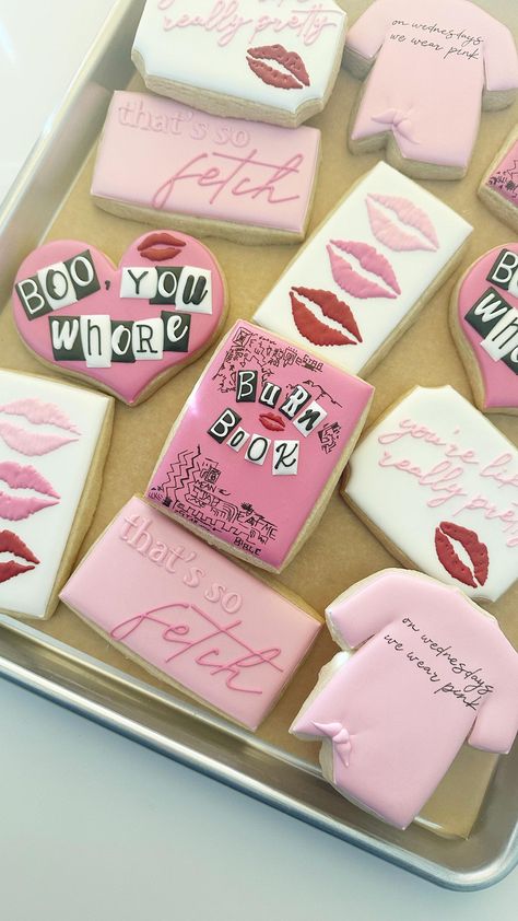 That’s SO fetch! Happy Mean Girls Day! 🩷 Designs by/inspired by @bluetopbakes and @ceciliahomemade #meangirls #meangirlsmovie… | Instagram Burn Book Party Theme, Mean Girls Cookies Decorated, Mean Girls Sleepover Slumber Party Ideas, Mean Girls Galentines Party, Mean Girls Food Ideas, Mean Girls Cookies, Mean Girl Party Theme, Mean Girls Bday Party, Mean Girl Birthday Party