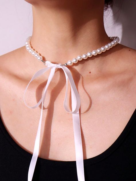 1pc Sweet Vintage White Ribbon Bow & Pearl Beaded Necklace For Women, Perfect For Daily WearI discovered amazing products on SHEIN.com, come check them out! Latest Pearl Necklace Designs, Pearl Necklace Ideas, Pearl Necklace Aesthetic, White Ribbon Bow, Modern Pearl Jewelry, Jewelry For Summer, Handmade Pearl Necklace, Must Have Jewelry, Rice Pearls