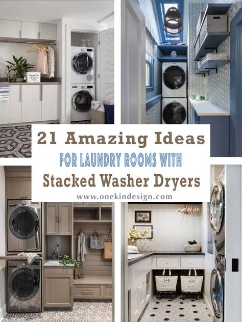 21 Amazing Ideas for Laundry Rooms with Stacked Washer Dryers Stackable Laundry In Bathroom, Washer Dryer Closet, Washer Dryer Laundry Room, Stackable Laundry, Stacked Laundry Room, Small Laundry Room Makeover, Stylish Laundry Room, Stackable Washer And Dryer, Laundry Room Closet