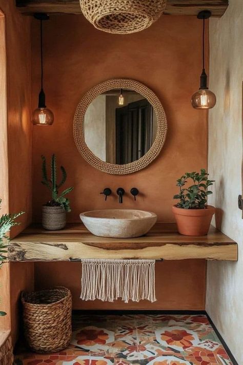 Boho Natural Home Decor, Boho Country House Ideas, Boho Bathroom With Plants, Desert Color Bathroom, Desert House Bathroom, Bathroom Decor Ideas White Cabinets, Woven Bathroom Decor, Mid Century Modern Boho Bathroom, Spanish Boho Bathroom