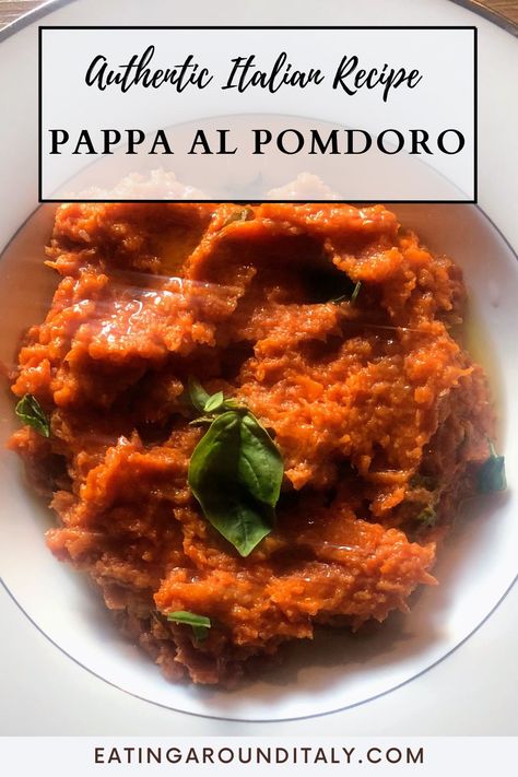 top view of pappa al pomodoro in a white bowl with a silver boarder garnished with basil with text box overlay Chicken Pomodoro Recipes, Papa Al Pomodoro Recipe, Pappa Al Pomodoro Toscana, Soup With Bread, Food Dressing, Pomodoro Recipe, Healthy Apps, Eggplant Caponata, Vegetarian Foods