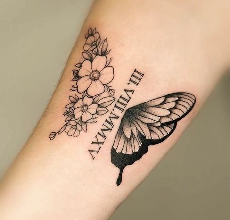 Memorial Tattoo Of Butterfly And Flowers Tattoo With Roman Numerals, Butterfly Memorial Tattoo, Tattoos For Passed Loved Ones, Date Flowers, Memorial Tattoos Mom, Memorial Tattoo Quotes, Memorial Tattoo Ideas, Memorial Tattoo Designs, Pet Memorial Tattoo