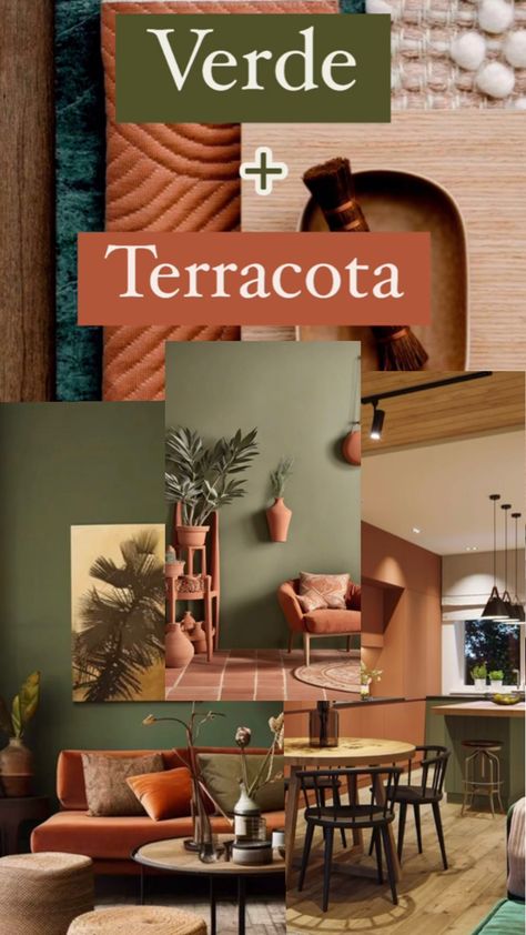 Color Pallet Terracota, Living Room Green Sofa Colour Schemes, Orange Wood Bedroom, Terracotta And Green Decor, Terra Cotta Living Room Decor, Terracota House Interior, Green Terra Cotta Color Palette, Boho Farmhouse Living Room Paint Colors, Terracotta Room Aesthetic