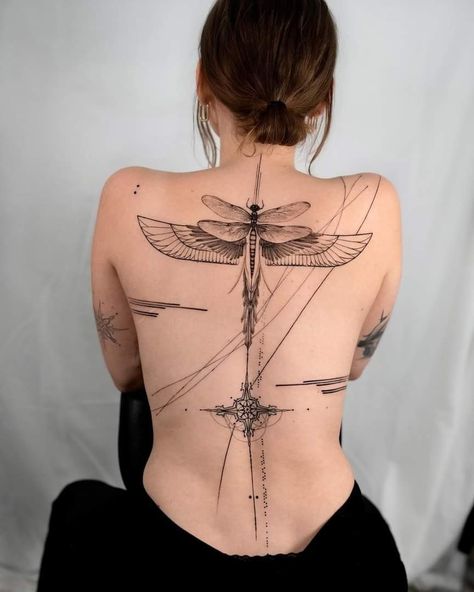 Hip To Spine Tattoo, Geometric Back Tattoo Female, Women’s Back Full Tattoos, Illustrative Back Tattoo, Large Feminine Back Tattoo, Symetric Tattoo Back, Diagonal Back Tattoo, Whimsical Back Tattoo, Red And Black Back Tattoo