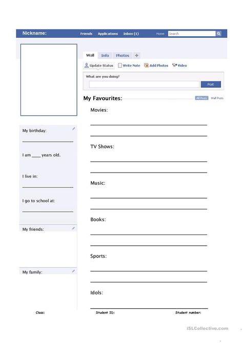 My Facebook Profile Worksheet - English ESL Worksheets for distance learning and physical classrooms Facebook Profile Template, Facebook Pic, Science Display, Twitter Template, Facebook Header, Profile Template, Cursive Writing Worksheets, Social Media Profile, Free Kindergarten Worksheets