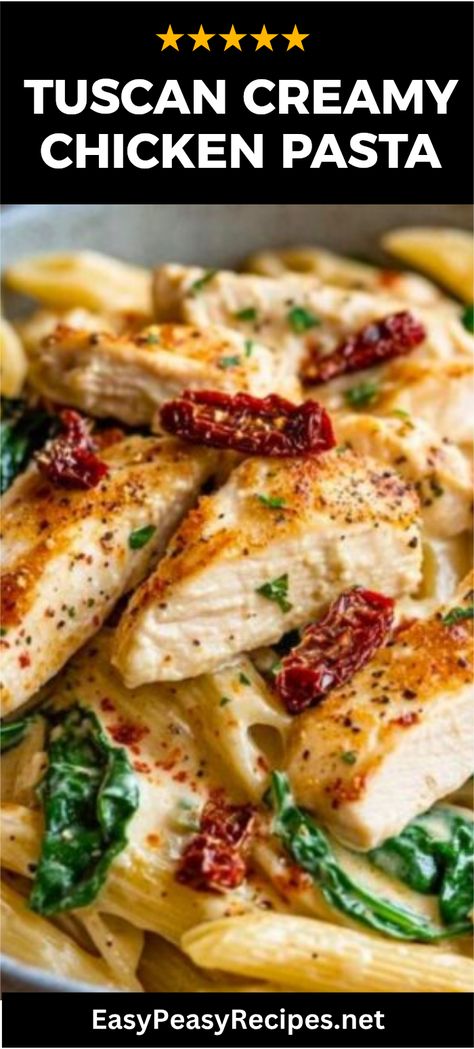 This Creamy Tuscan Chicken Pasta brings the flavorful essence of Italy to your dinner table! Ready in just 30 minutes, it's perfect for weeknight dinners. With tender chicken simmered in a luscious creamy sauce, sun-dried tomatoes, fresh spinach, and parmesan, each bite feels like a hug from the Italian countryside. Families absolutely love this one-pot dish, and you will too! Discover how to whip up this devastatingly delightful dish, reproducing restaurant-style richness effortlessly at home! Quick, hearty, and simply delicious. Tuscan Chicken With Spinach And Sun Dried Tomatoes, Sun Dried Tomatoes Chicken Pasta, One Pot Creamy Tuscan Chicken Pasta, Recipes That Use Sun Dried Tomatoes, Creamy Chicken Tomato Pasta, Creamy Tomato Pasta With Chicken, Tuscan Chicken Pasta Bake, Chicken Pasta With Sun Dried Tomatoes, Chicken Sun Dried Tomatoes Recipes Pasta