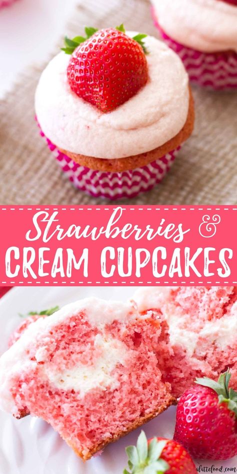 These easy strawberry cupcakes are filled with homemade whipped cream and topped with homemade fresh strawberry frosting! These pretty in pink cupcakes would make the best Valentine's Day dessert, spring dessert, or summer dessert! These strawberries and cream cupcakes begin with a box of white cake mix and strawberry gelatin, making them incredibly simple and entirely flavorful!  how to make strawberry cupcakes, homemade strawberry cupcake recipe Flavorful Cupcakes, Easy Strawberry Cupcakes, Fresh Strawberry Frosting, Strawberries And Cream Cupcakes, Strawberry Valentines, Dessert Spring, Strawberry Gelatin, Strawberry Cupcake Recipes, Cake Mix Cupcakes