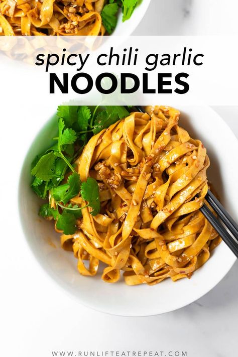 These spicy chili garlic noodles can be made in just 20 minutes and way better than takeout! The spicy garlic sauce has incredible flavor and perfectly spiced. You can easily add chicken or beef to make this a full meal. Spicy Chili Garlic Noodles, Breakfast Recipes Meal Prep, Chili Garlic Noodles, Spicy Garlic Sauce, Easy Recipes Breakfast, Dinner Ideas Quick, Fettuccine Noodles, Asian Dinners, Flavorful Dinner