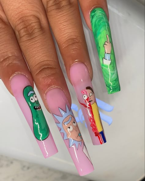 Rick And Morty Acrylic Nails, Rick And North Nails, Rick And Morty Nails Acrylic, Lilith Nails, Portrait Nail Art, Rick And Morty Nails, 90s Cartoon Nails Acrylic, Ninja Turtle Nails, Cartoon Character Nails