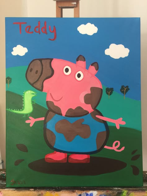 Peppa pig commission on canvas. Medium. Acrylic 400x500 Peppa Pig Chalk Art, Peppa Pig Painting, Pepper Pig, Kids Canvas Painting, Stuff To Paint, Art Presents, Pig Painting, Chalk Wall, Painting Kids