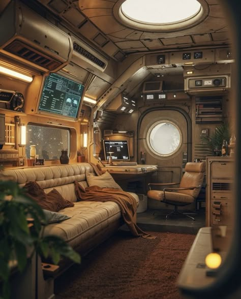 Space Shuttle Interior Concept, Scifi House Interior, Sci Fi Room Design, Spaceship Interior Aesthetic, Sci-fi Office, Spaceship Room Design, Sci Fi Space Aesthetic, Atompunk Interior, Sci-fi Room