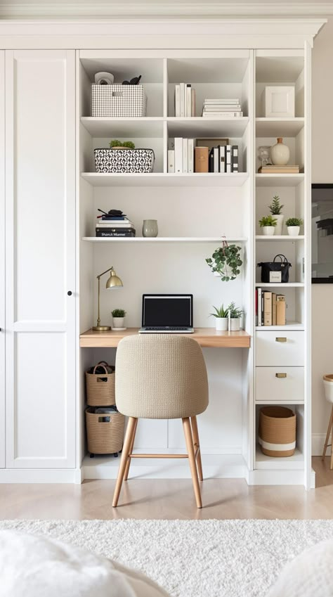 Tiny Office Space Ideas Small Office Wardrobe Ideas, Small Office Nook In Kitchen, Tiny Home Desk Ideas, No Office Space Ideas, Tiny Home Office Space, Small Office With Storage, Hidden Home Office Ideas, Micro Office Ideas, Hidden Workstation