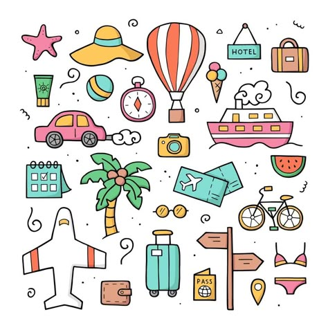 Hand drawn doodle set of travel elements in color. Sketch style. Vector illustration. Doodle Travel, Croquis Illustration, Bookmark Quotes, App Ads, Painting Doodles, Photo Walls Bedroom, Travel Elements, Travel Doodles, Doodle Cute