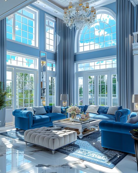 Baby Blue Living Room Decor, Blue Office Room, Modern Blue Living Room, Luxury Living Room Inspiration, Blue And White Living Room, Blue Drapes, Comfy Sofas, White Living Room, Modern Blue