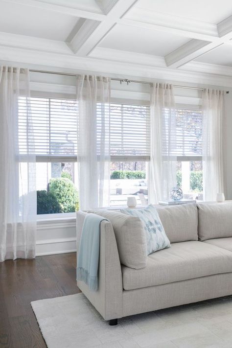 Curtains And Blinds Together, Sunroom Window Treatments, Large Windows Living Room, Big Windows Living Room, Curtains Over Blinds, Large Window Treatments, Blinds For Large Windows, Large Window Curtains, Sheer Curtains Bedroom