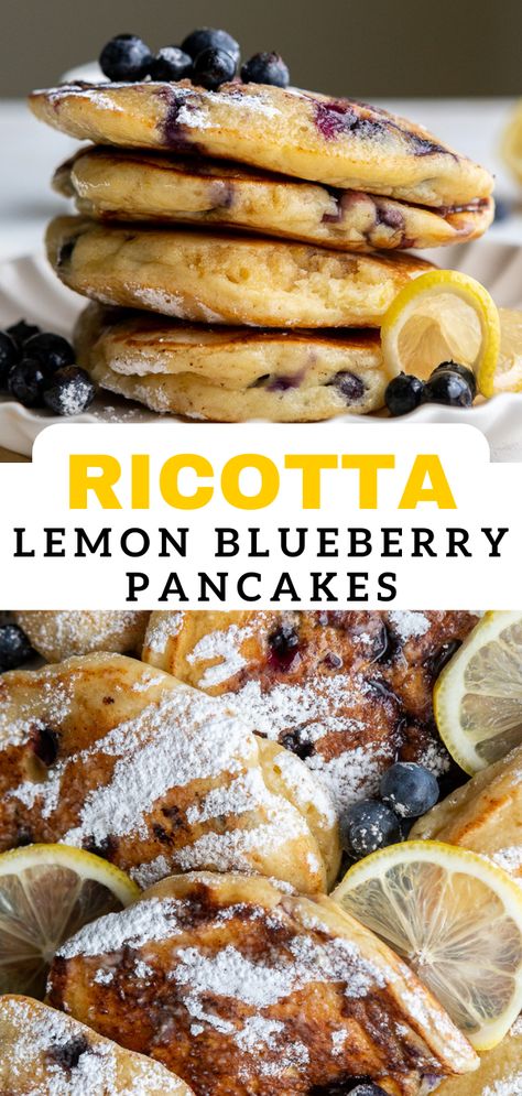 Lemon Blueberry Brunch, Lemon Pancakes With Blueberry Sauce, Lemon Ricotta Pancakes With Bisquick, Lemon Blueberry Goat Cheese Pancakes, Lemon Blueberry Pancakes Recipe, Speciality Pancakes, Lemon Pancakes Recipe, Fresh Blueberry Recipes Healthy, Blueberry Pancakes Aesthetic