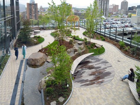 Healing Garden Landscape, Healing Environment, Roof Garden Design, Roof Gardens, Urban Landscape Design, Rooftop Design, Healing Garden, Green Roofs, Landscape Architecture Design