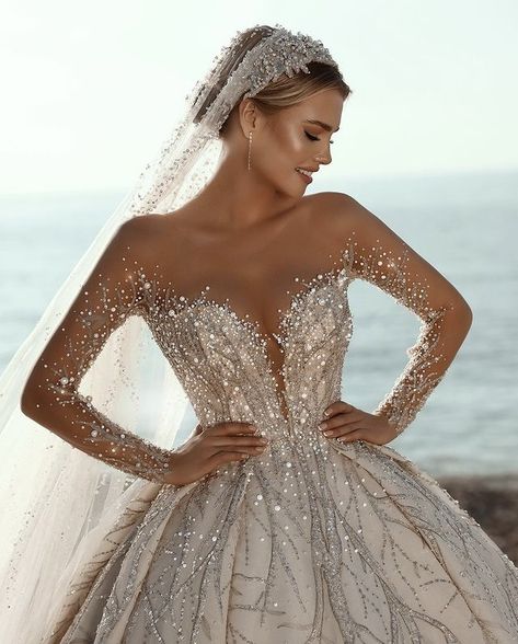 Sadek Majed, Elegant Wedding Dress Ballgown, Train Skirt, Wedding Dress Long Sleeves, Women Wedding Dress, Glitter Wedding Dress, Glam Bride, White Wedding Theme, Sheer Wedding Dress