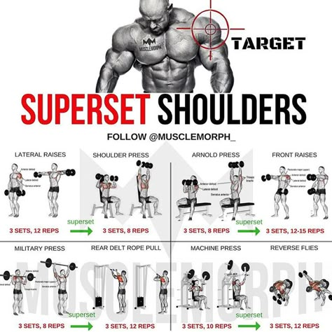 (Swipe Left) Complete 6 days a week superset workout plan!✅@musclemorph_ Monday: Chest Tuesday: Back Wednesday: Shoulders Thursday: Legs Friday: Arms Saturday: Abs Sunday: Rest - Enhance your progress with MuscleMorph Supplements from the LINK in our BIO ✔️MuscleMorphSupps.com . TAG YOUR GYM PALS #MuscleMorph Shoulders Workout, Shoulder Workouts, Gym Antrenmanları, Muscle Abdominal, Shoulder Exercises, Gym Workout Chart, Gym Workouts For Men, Muscle Building Workouts, Weight Training Workouts