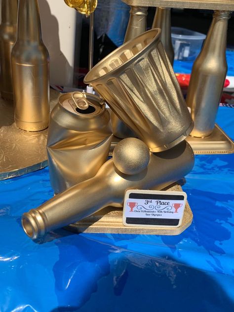 Beer Pong Tournament Outfits, Beer Trophy Diy, Beer Pong Trophy Diy, Beer Olympics Trophy Diy, Fun Olympic Games For Adults, Beer Olympic Trophies, Bar Olympics Games, Birthday Beer Olympics, Beer Olympics Party Decorations