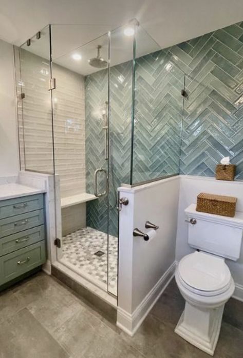 Under The Sea Bathroom Ideas Modern, Glass Tiled Showers, Laundry Room Shower Combo, Bathroom With Brushed Nickel Fixtures, Glass Tile Shower Ideas, Glass Shower Tile, Brushed Nickel Fixtures, Bathroom Tile Design Ideas, Glass Tile Shower