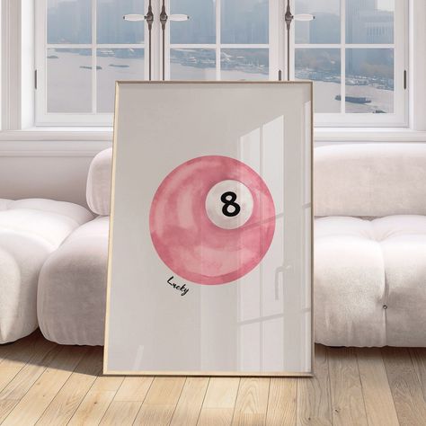 Lucky 8 Ball Vintage Pool Ball Poster Print, Retro Art. Vintage pool ball poster featuring the Lucky 8 Ball, retro art. Lucky 8 Ball, Hand Drawn Poster, Vintage Pool, Pink Pool, Trendy Art Prints, Pool Ball, Poster Pink, Uni Room, College Apartment Decor