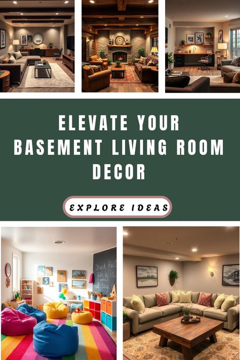 Collage of stylish basement living rooms ranging from cozy rustic to colorful modern designs with decor ideas. Basement Living Room Decor, Cozy Basement Family Room, Basement Living Room Ideas, Basement Living Room, Stylish Living Room Ideas, Family Room Layout, Basement Living, Furniture Selection, Basement Living Rooms