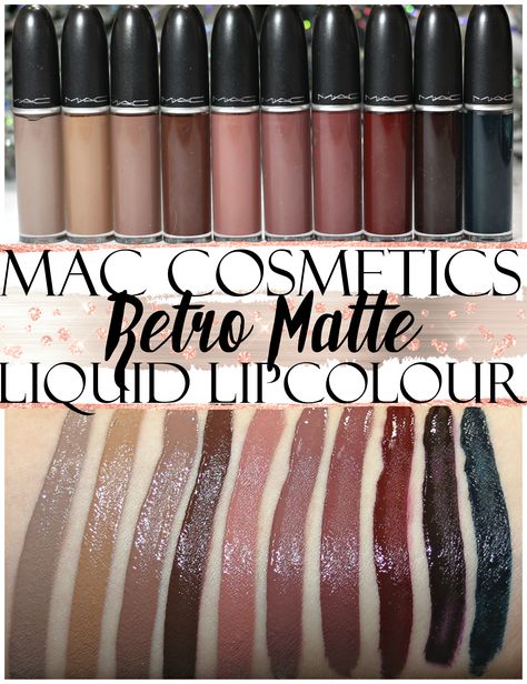 MAC Retro Matte Liquid Lipcolor swatches L-R: Flesh Stone, Dash O’ Spice, Cafe au Chic, Chocotease, Burnt Spice, So Me, Topped With Brandy, Carnivorous, Uniformly Fabulous, Young Attitude Mac Retro Matte Liquid Lipstick, Liquid Lipstick Swatches, New Look Ideas, Mac Lipstick Shades, Classic Lifestyle, Mac Retro Matte, Mac Lipsticks, Vintage Meets Modern, Retro Makeup