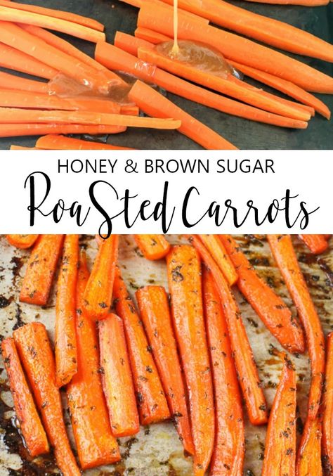 These Honey and Brown Sugar Roasted Carrots are perfectly caramelized and make an inexpensive side dish! If you haven't tried candied carrots, you must try this recipe! #candiedcarrots #roastedveggies Brown Sugar And Honey Carrots, Brown Sugar Honey Carrots, Roasted Candied Carrots, Honey Brown Sugar Carrots, Brown Sugar Honey Glazed Carrots, Roasted Mixed Vegetables, Brown Sugar Roasted Carrots, Brown Sugar Honey Glaze, Carrots Recipes