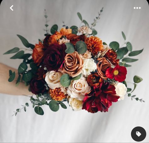 Burgundy And Rust Wedding, Rust Bouquet, Fall Bridal Bouquet October, Rust Orange Wedding, Wedding Bouquet Bridesmaids, Orange Bridesmaids, Fall Reception, Orange Rose Bouquet, Burnt Orange Flowers