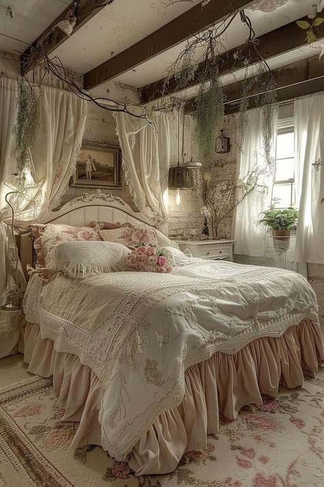 Shabby Chic Bedroom: Playful and Chic Decor - Quiet Minimal Shabby Bedroom Ideas, Vintage Elegant Bedroom, Frilly Bedroom, Bedroom Ideas Aesthetic Vintage, Vintage Cozy Bedroom, Bedroom Ideas Pastel, Vintage Room Decor Bedroom, Bedroom Inspo Vintage, Shabby Chic Bedrooms Romantic